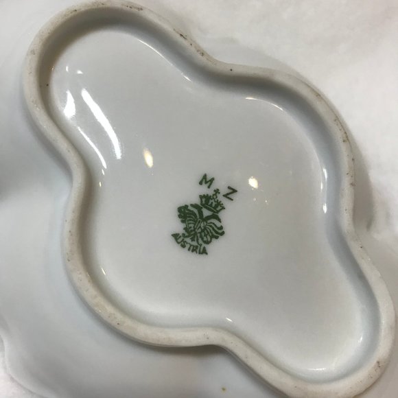 MZ Austria * Pink Flowers White Porcelain Bown Green Accents EUC Vintage Dessert - Picture 8 of 9